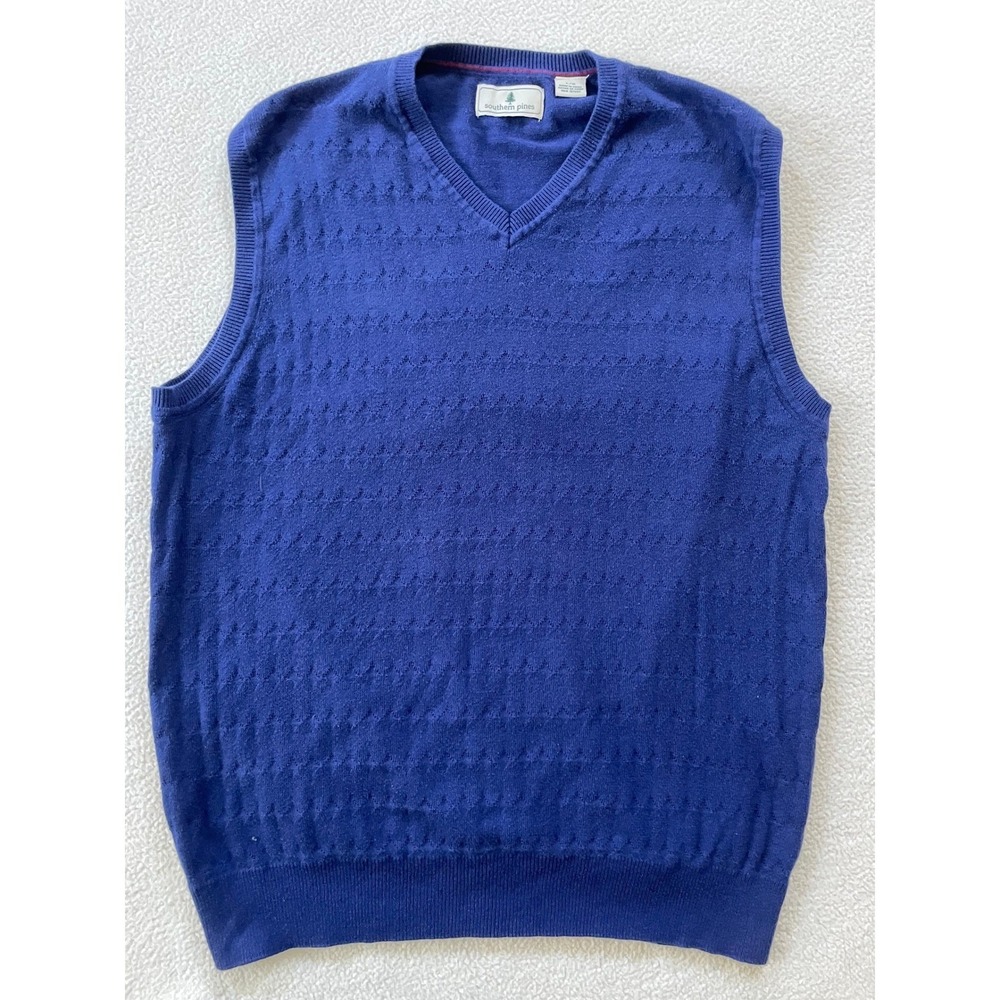 Southern‎ Pines Mens L Sweater Vest Blue Textured V-Neck 100% Cotton Preppy